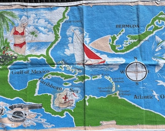 Vintagekarta Hawaii Bermuda bomullshandduk souvenir mitten av århundradet Hong Kong