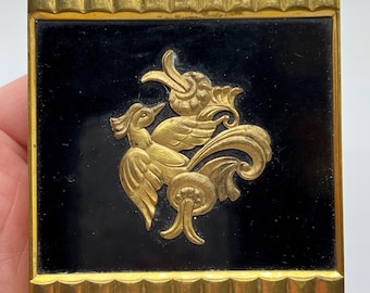 Vintage Brass And Black Enamel  Bird Art Deco Mirror Powder Compact FREE SHIPPING