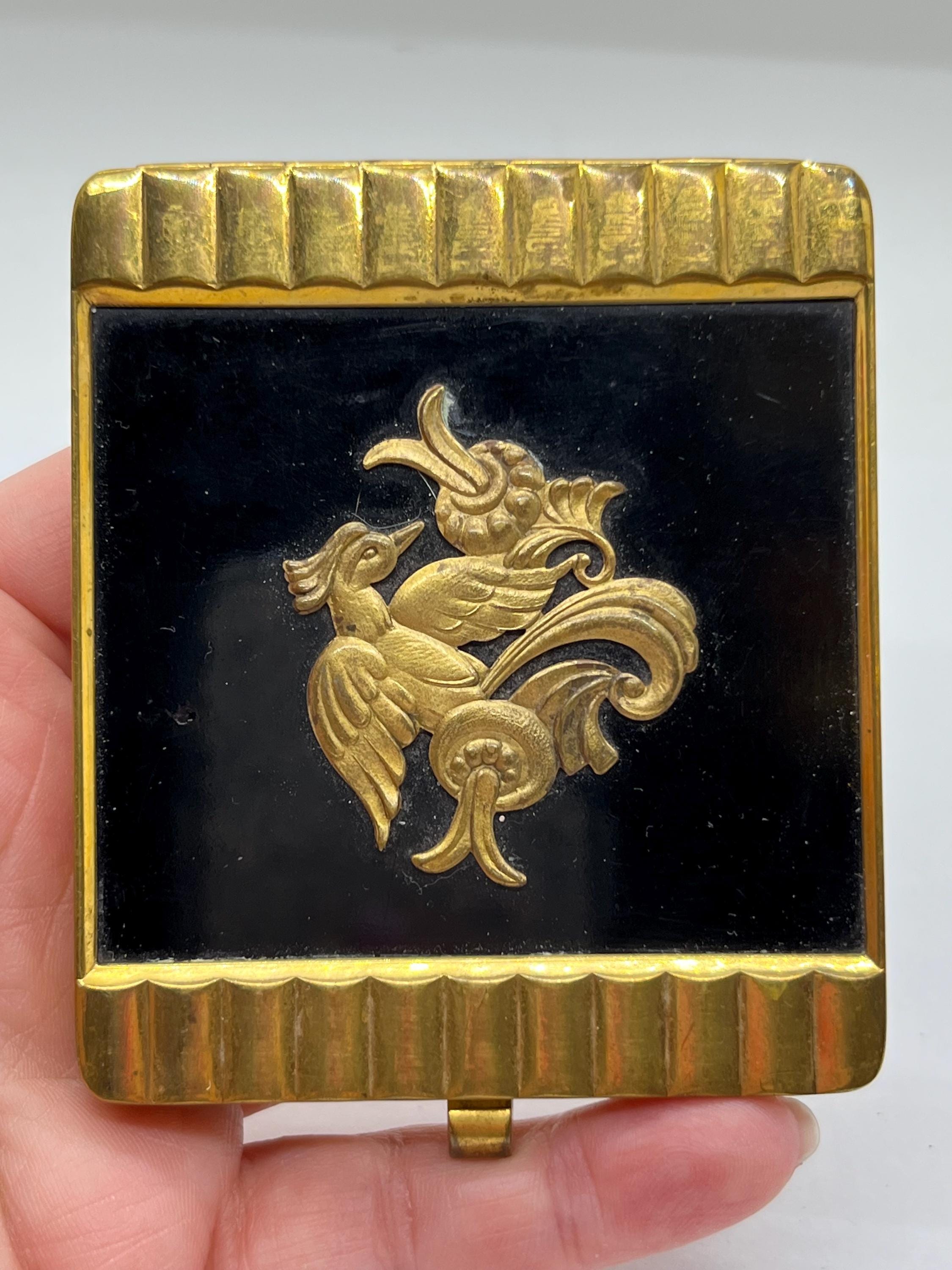Vintage Brass And Black Enamel Bird Art Deco Mirror Powder Compact FREE SHIPPING