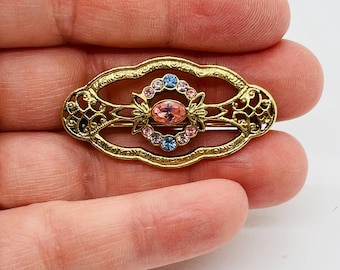 Vintage 1928 Gold And Pastel Rhinestone Victorian Filigree Brooch