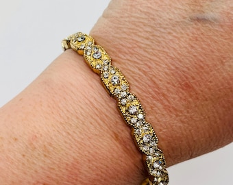 Vintage Gold Tone And Crystal CZ Hinged Bangle Bracelet