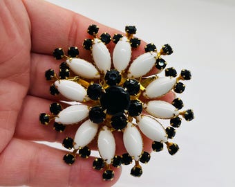 Vintage Milk Glass And Black Rhinestone Tiered Flower Brooch