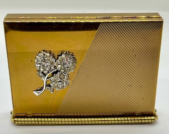 Vintage Volupte Brass Rhinestone Make Up Mirror Powder Comb Purse Case Carry All FREE SHIPPING