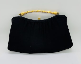 Vintage Mid Century After Five Black Evening Bag With Gold Faux Bamboo Handle
