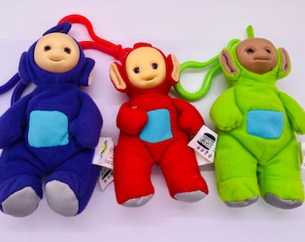 Vintage Teletubbies Plush Beanie  Keychains 1999 Burger King Set Of 3 Red Purple Green FREE SHIPPING