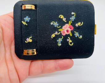 Vintage French Silk And Embroidery Powder Mirror Compact With Lipstick Case FREE SHIP