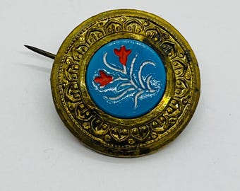 Vintage Antique Small Button Pin With Painted Flowers Blue And Red