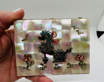 Vintage Hand Decorated Poodle Mother Of Pearl Compact Cigarette Case FREE SHIP