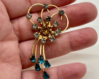 Vintage Gold Rhinestone Pin Pendant Flower Startburst Topaz Deep Blue