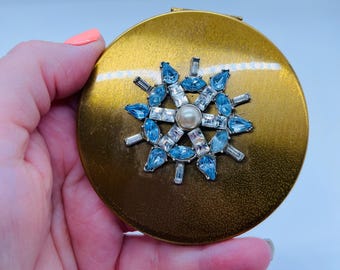 Vintage Elgin American Brass Jeweled Compact Blue Rhinestone Pearl FREE SHIP