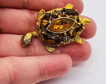 Vintage Gold Tone And Faux Citrine Jeweled Turtle Brooch FREE SHIP