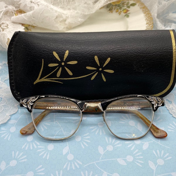 Vintage Artcraft Black Silver Etched Cat Eye Mid Century Glasses With Case 12kt Gold Filled Art Craft