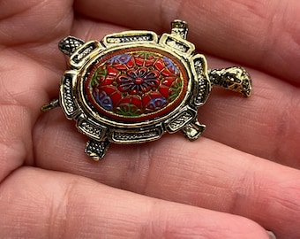 Vintage Terrapin Turtle Brooch Gold Tone With Red And Blue Cab