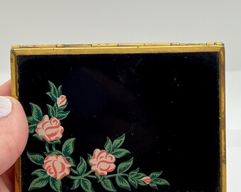 Vintage Elgin American Black Cigarette Case With Pink Roses FREE SHIPPING