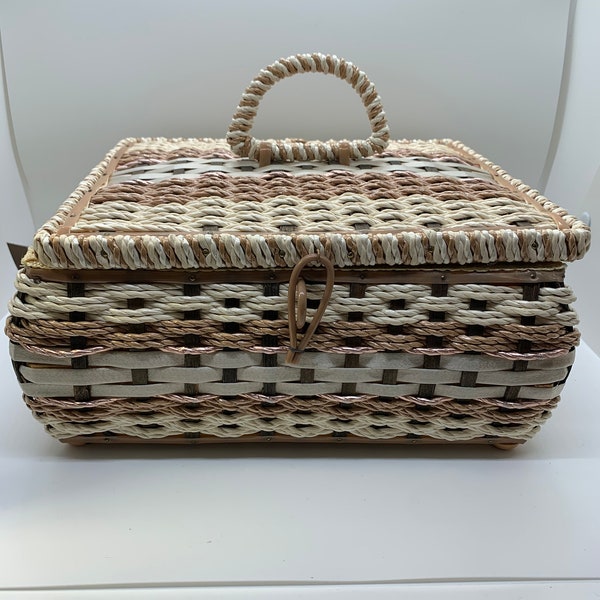 Vintage Woven Sewing Basket Tan And Cream