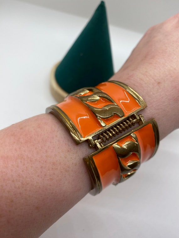 Vintage Wide Bold Orange And Gold Statement Hinge… - image 5