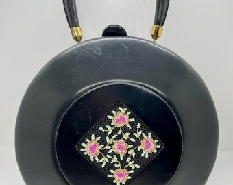 Vintage Berger Bags Black Leather Beaded Purse FREE SHIP
