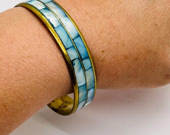 Vintage Turquoise Blue Mother Of Pearl Inlay Brass Bangle