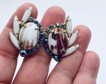 Vintage Juliana D&E Copper Fluss Milk Glass Rhinestone Clip On Earrings FREE SHIPPING