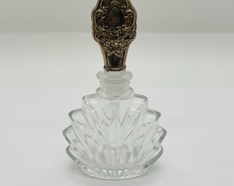 Vintage Glass Perfume Bottle Art Deco Style Silver Plate Stopper Hong Kong