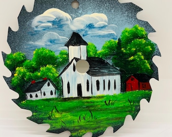 Vintage Hand Painted Saw Blade Amish Church