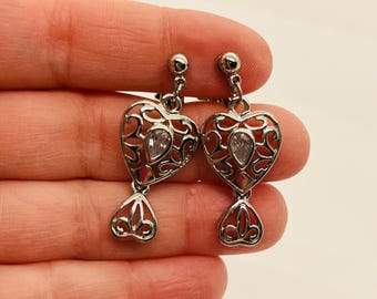 Vintage Silver Openwork Heart Earrings Filigree With Clear Rhinestones Clip On