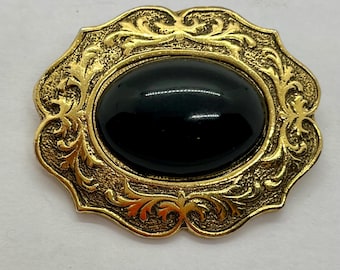 Vintage 1928 Brand Gold And Black  Brooch Faux Onyx