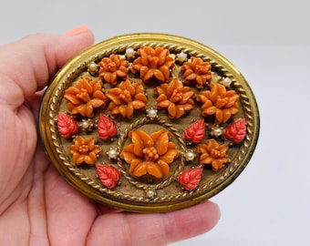 Vintage Kotler And Kopit K&K Brass Faux Pearl And Coral Flower Oval Mirror Powder Compact FREE SHIP