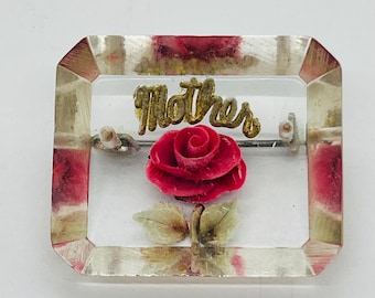 Vintage Reverse Carved Mother Brooch Pink Rose FREE SHIP