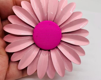 Vintage Large Pink Enamel Daisy Brooch With Hot Pink Fabric Center