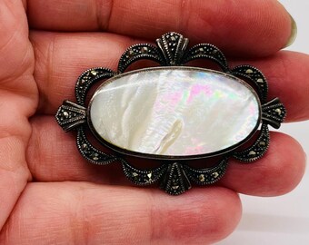 Vintage Sterling Silver Marcasite And Mother Of Pearl Brooch FREE SHIP