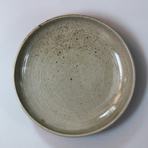 Puede incluir: Un plato de cerámica hecho a mano con un esmalte gris claro moteado. El plato tiene una forma ligeramente irregular y un borde elevado. La superficie tiene sutiles anillos concéntricos y motas oscuras.