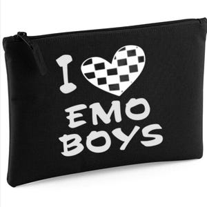 May include: Black zippered pouch with the text "I ♥ EMO BOYS" in white. The heart is a checkered pattern. The pouch is rectangular and has a zipper closure.