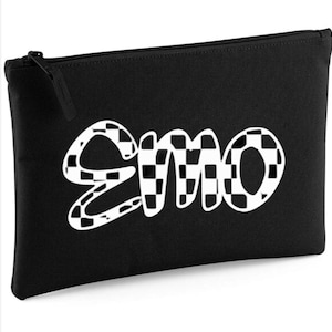 May include: Black zippered pouch with the word "EMO" in white, the letters filled with a black and white checkered pattern. The pouch is rectangular and appears to be made of a durable fabric.