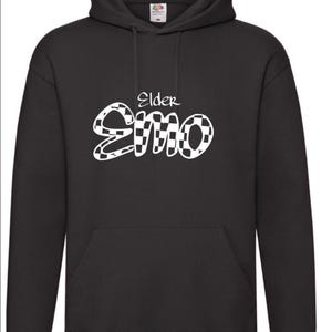 May include: Black hooded sweatshirt with a front pocket and white text that reads "Elder Emo". The text has a checkered pattern. The sweatshirt has a drawstring hood and long sleeves. A casual, comfortable garment.