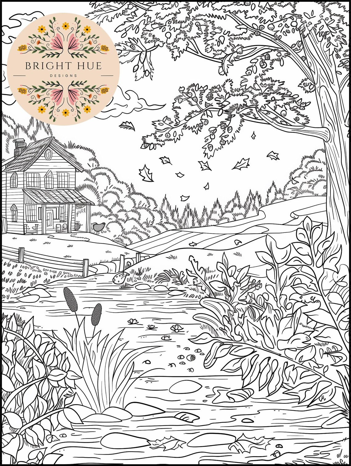 Fall Coloring Page Printable Fall Coloring Sheet Autumn Landscape Coloring Page Fall Themed ...