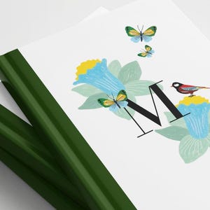 Diário de monograma personalizado, ilustrado à mão com pássaros e borboletas, lindo diário, presente atencioso para professores, elegante para amantes da natureza