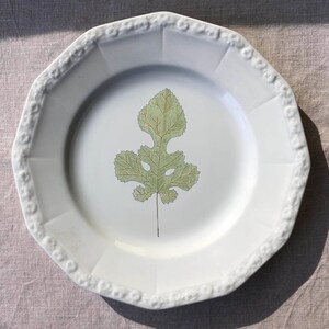 May include: White ceramic plate with a green leaf design. The plate has a scalloped edge and is perfect for serving a meal or displaying a decorative item.