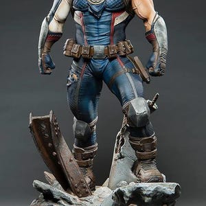 May include: A detailed statue of Captain America in a battle-worn costume. The figure is in a dynamic pose, standing on a rubble base. The costume is primarily blue with red and white accents, and the shield is visible on the back.