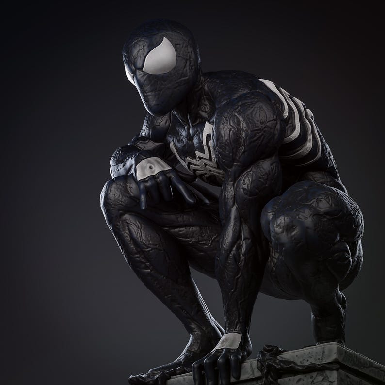 May include: A black and white Spider-Man statue in a crouching pose. The figure has a textured, muscular appearance with white spider symbols and eye shapes. The statue is set against a dark grey background.