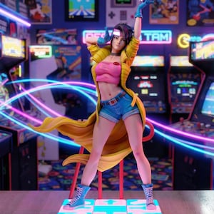 May include: A figurine of a woman in a yellow coat, pink top, and blue shorts, holding a glowing orb. She stands on a light-up platform with arrows, in a room with arcade games and neon lights. The figurine is a collectible item.