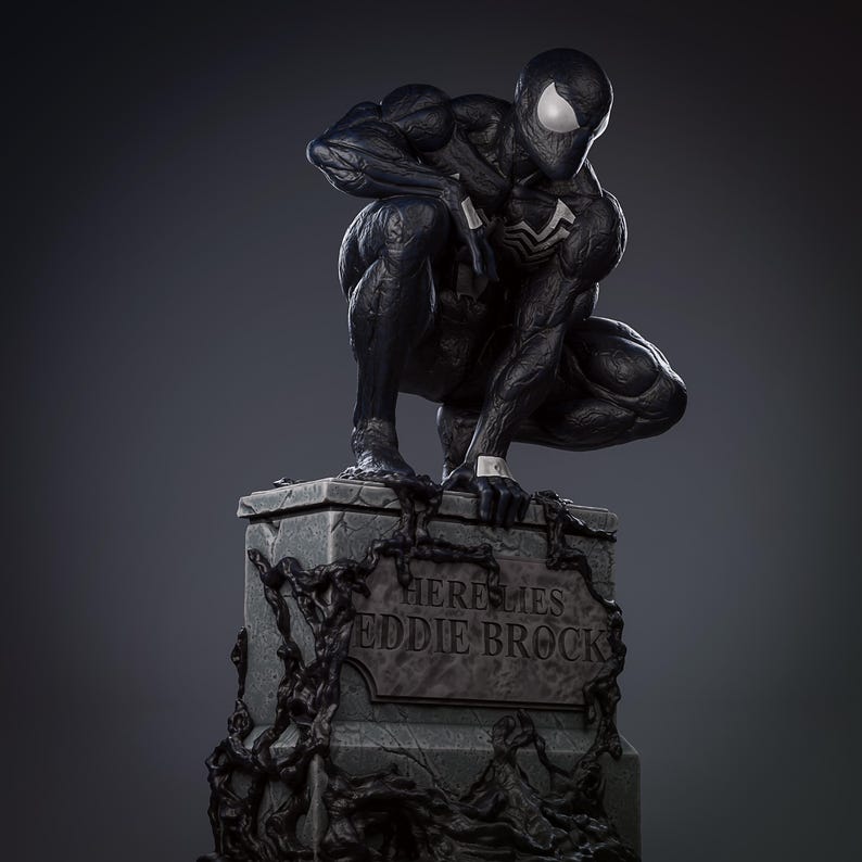 May include: A black and white statue of a superhero in a crouching position atop a tombstone. The tombstone reads "HERE LIES EDDIE BROCK" and is covered in dark vines. The superhero is wearing a black suit with white accents.