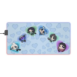 POWERPUFF GIRLS x VALORANT Inspired Colorful Led Gaming Mouse Pad, Gift for Gamer Couples, Cosplay Accessories, Cute Parody Desk Decor Mat