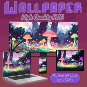 Neon Pilz Wald Desktop Wallpaper | Fantasy Ästhetischer Hintergrund | Glühend | Wasserdampf | Cottagecore | Feenkern | Digitale Kunst