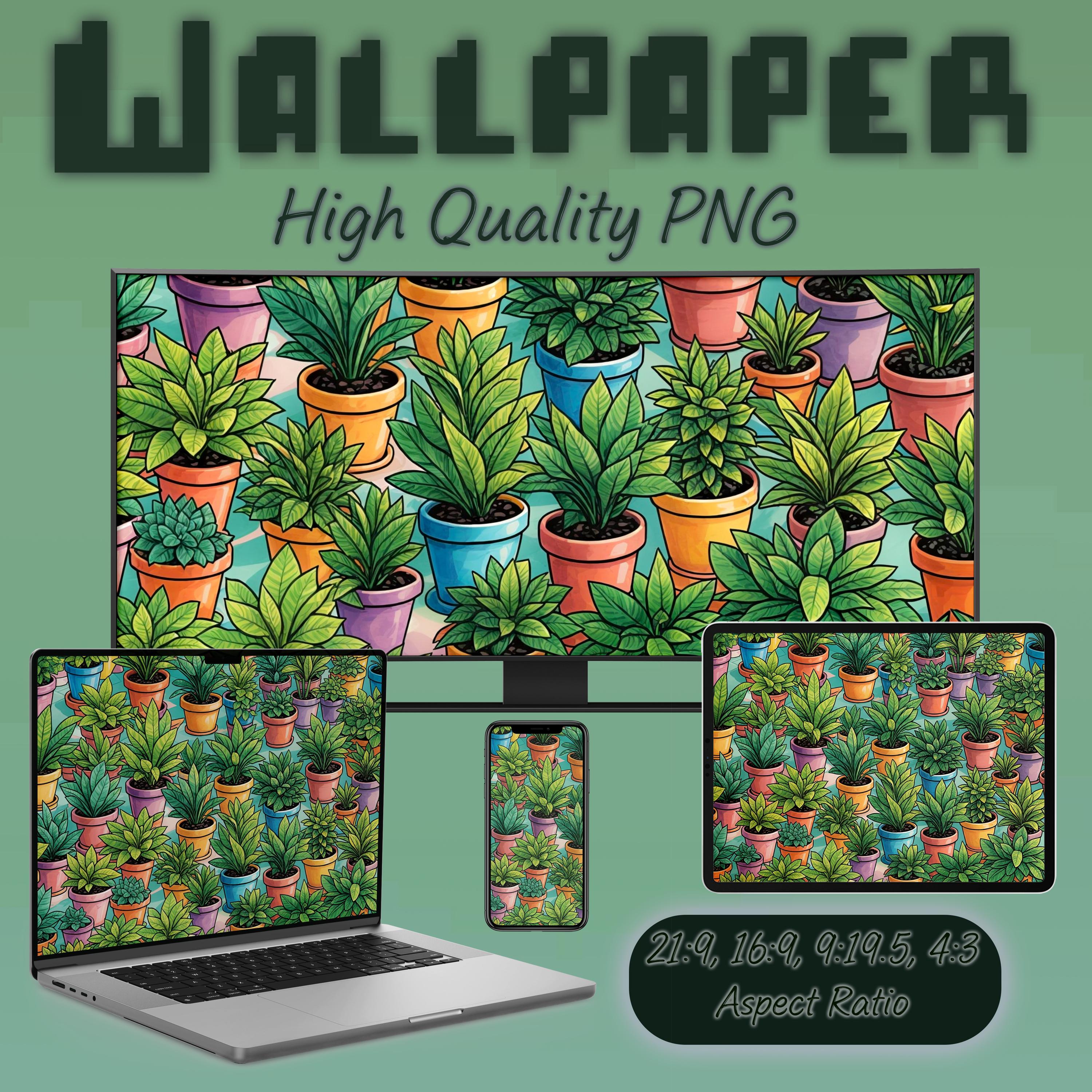 Potted Plants Desktop Wallpaper | Botanical Digital Art (PNG) - Etsy