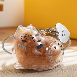 Puede incluir: Un llavero transparente con forma de gato con interior marrón y detalles faciales negros. Una etiqueta plateada en forma de corazón con el nombre "Clara" cuelga del llavero. El llavero está sujeto a un cable de plata.