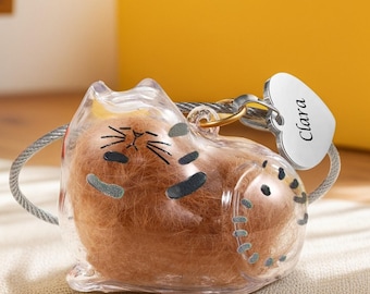 Personalised Cute Pet Fur Keepsake Keychain, Filled with Your Cat Hair Inside Container, Memorial Cat Gift, Cute Cat, Cat Lover Gift