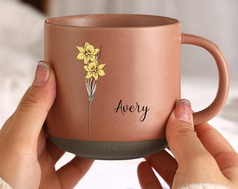 Personalized Coffee Birth Flower Mug, Custom Mug for Mom Gift, Birth Flower Pottery Mug with Name, Birthday Gift for Her, Mothers Day Gift