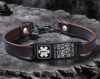 Custom Medical Alert Vintage Bracelet for Me, QR Code Leather ID Band, Personalized Emergency Jewelry, Durable Medical ID Bracelet