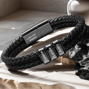 Gepersonaliseerde leren vlechtarmband, aangepaste kindernamenarmband voor vader, leren herensieraden, cadeaus voor man, vaderdagcadeau voor vader